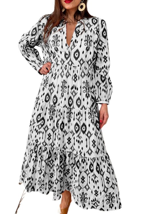 Women's Black Western Abstract Geometric Printed Maxi Dress with V Neckline