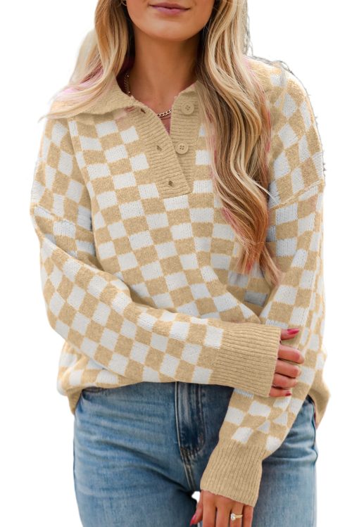 Women's Apricot Checkered Buttoned Collar V Neck Drop Shoulder Sweater