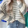 Women's Gray Stripe Drop Shoulder Crew Neck Sweater - Image 9