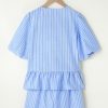 Women's Sky Blue Striped Bowknot Detail Puffy Sleeve Top and Shorts 2-Piece Set - Image 8