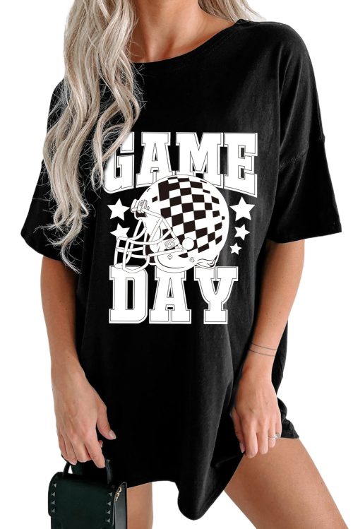 Women's Game Day Black Checkerboard Rugby Football Helmet Graphic T-Shirt