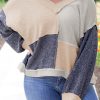 Ashleigh Blue Plus Size Textured Colorblock Patchwork V Neck Long Sleeve Top - Image 2