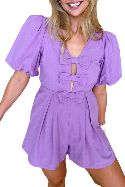 Wisteria Bow Decor Front V Neck Puff Sleeve Romper - Elegant Summer Jumpsuit for Women