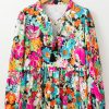 Women's Multicolour Floral Print Bubble Sleeve Ruffled V Neck Blouse - Image 6