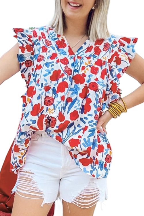 Women's Red Floral Pintuck V-Neck Top with Ruffled Sleeves - Elegant Summer Blouse