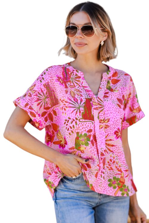 Women's Rose Jungle Floral Print Notch V Neck Blouse