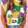 Women's Tillandsia Purple Sequin Doughnut Graphic Colorblock Short Sleeve Sweater - Image 3