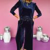 Women's Navy Blue Velvet Ruffled Two Piece Pants Set - Image 3