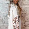 Women's White Cow Spot Patchwork Flap Pocket Distressed Hem Long Denim Jacket - Image 2