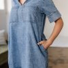 Women's Beau Blue Short Sleeve Collared Denim Mini Dress with Patched Pockets - Image 8