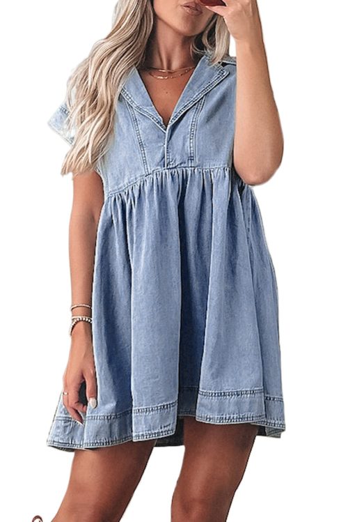 Beau Blue Cap Sleeve High Waist Denim Babydoll Dress for Women