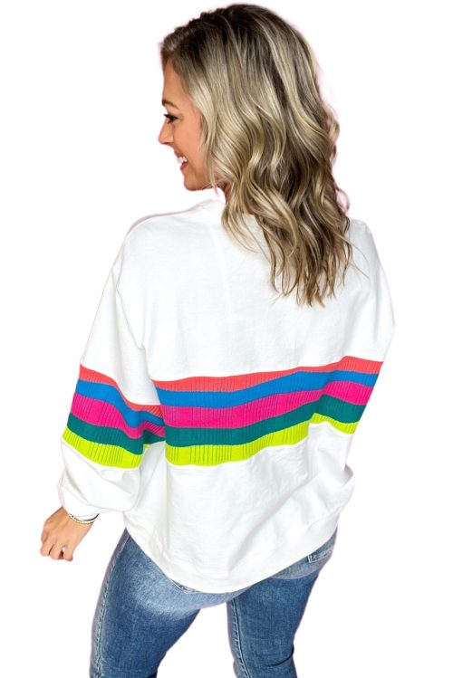 Women's Plus Size White Colorful Striped Drop Shoulder Loose Sweatshirt