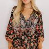 Black Plus Size Paisley Floral Print V Neck Bubble Sleeve Blouse for Women - Image 5