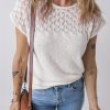 Women's Elegant White Eyelet Knit Tied Back Short Sleeve Sweater - Image 3