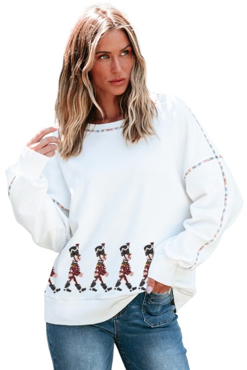 Women's Festive White Nutcracker Doll Graphic Sweatshirt with Colorful Stitch Trim