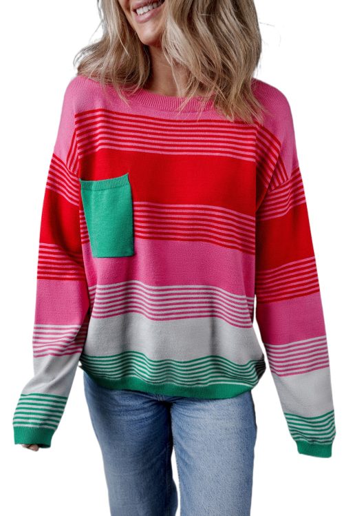 Women's Rose Striped Knit Drop Shoulder Sweater with Patch Pocket