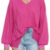 Women's Bright Pink Waffle Knit V Neck Long Sleeve Blouse - Image 12