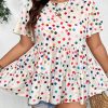 Plus Size Beige Colorful Polka Dot Print Short Sleeve Ruffled Babydoll Blouse - Image 2