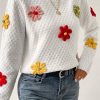 Women's White Colorful Flower Applique Textured Knit Sweater - Image 5