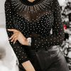 Women's Black Rhinestone Sheer Mesh Long Sleeve Bodysuit - Image 2