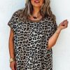 Women's Khaki Leopard Contrast Trim Short Sleeve Loose Plus Size Top - Image 3