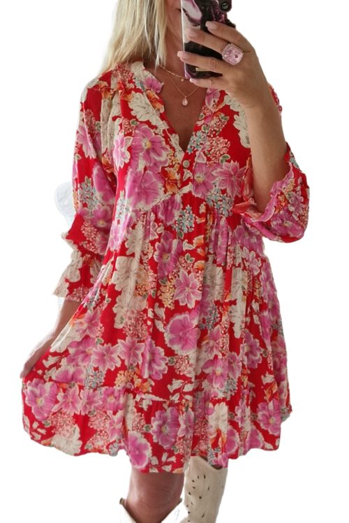 Women's Red Floral Print High Waist V Neck Babydoll Mini Dress - Playful & Elegant