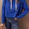 Women's Dark Blue Drop Shoulder Cropped Hoodie with Drawstring - Image 8