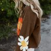 Women's Coffee Big Flower Pattern V Neck Drop Shoulder Sweater - Image 5