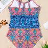 Women's Blue Geometric Print Hollow Out Knotted Waist One Piece Swimsuit - Image 14