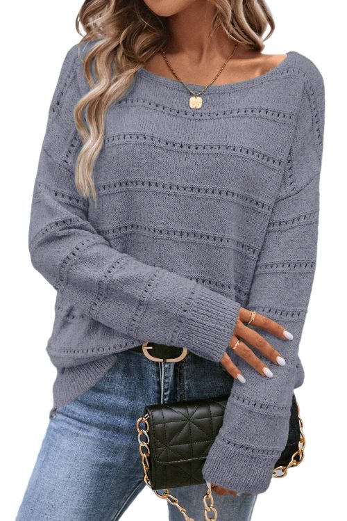 Women's Light Grey Boat Neck Drop Shoulder Pointelle Knit Sweater