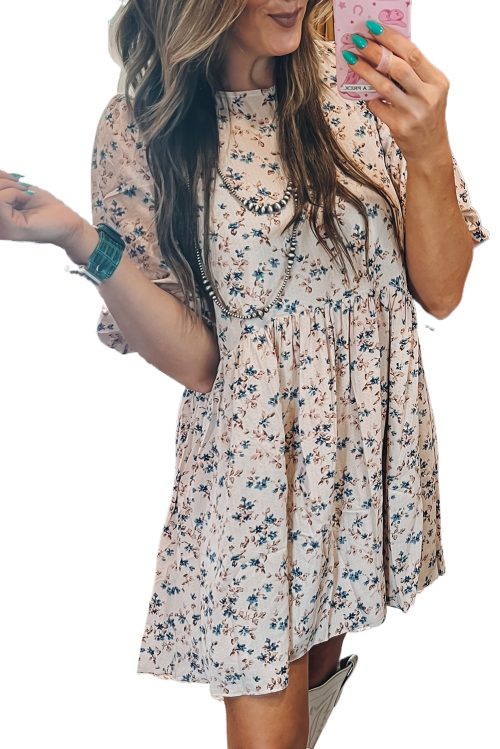 Women's Beige Floral Puff Short Sleeve Empire Waist Mini Dress for Summer