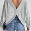 Women's Light Grey Textured Crossover Backless Knit Long Sleeve Top - Image 2