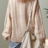 Women's Pale Khaki Solid Color Cable Knit Ribbed Loose Sweater - Cozy and Stylish - Image 2