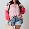 Women's Plus Size Pink Contrast Floral Patchwork Long Sleeve Blouse - Image 5