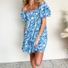 Women's Blue Floral Puff Sleeve Babydoll Mini Dress with Square Neck - Image 5