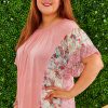 Plus Size Pink Floral Patchwork Ruffled Short Sleeve Blouse for Women - Image 4