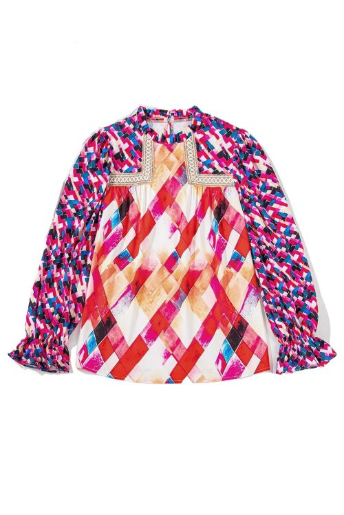 Women's Rose Red Abstract Geometric Patchwork Puff Sleeve Blouse