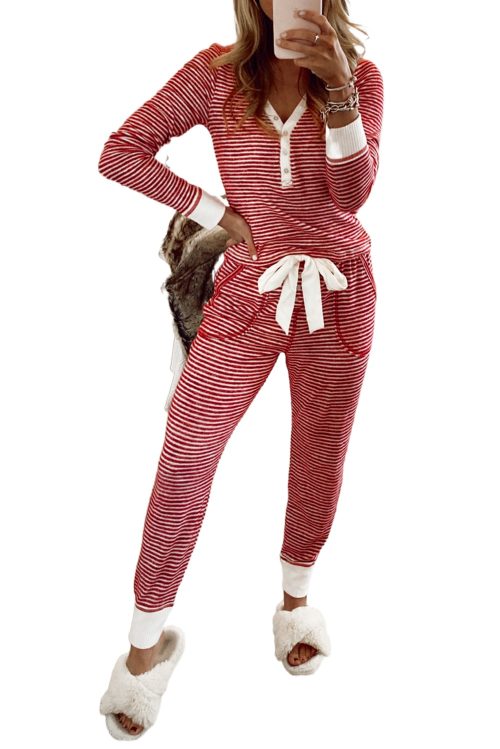 Coordinating Red Stripe Lounge Set: V-Neck Top and Knotted Waist Pants