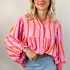 Women's Orange Stripe Crinkled Ruffled Sleeve Loose Button Up Shirt - Image 2