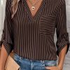 Women's Brown Stripe V Neck Roll Up Sleeve Classic Shirt with Pocket - Image 2