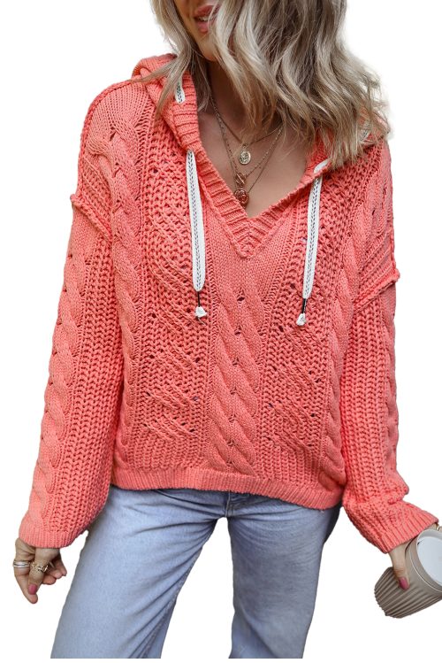 Women's Gold Flame Cable Knit V-Neck Hooded Sweater