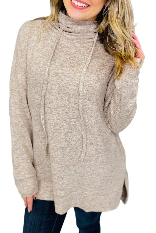 Women's Apricot Drawstring Cowl Neck Long Sleeve Split Top - Chic & Cozy