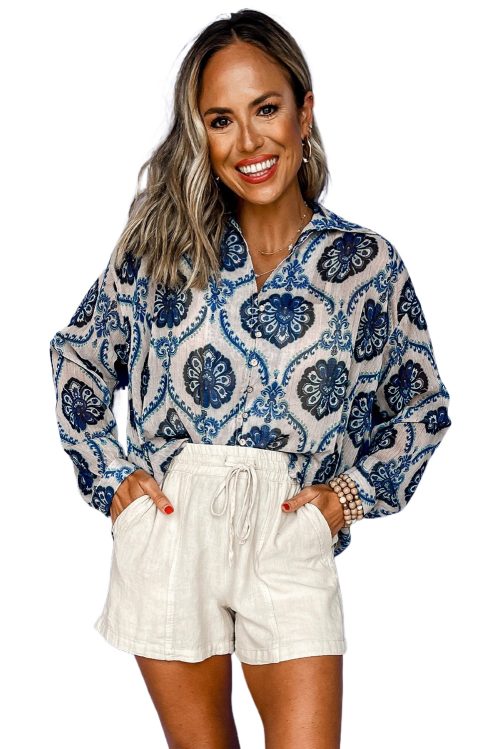 Women's Bohemian Blue Tribal Pattern Long Sleeve Shirt