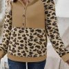 Women's Light French Beige Leopard Print Patchwork Raglan Sleeve Half Buttons Hoodie - Image 5