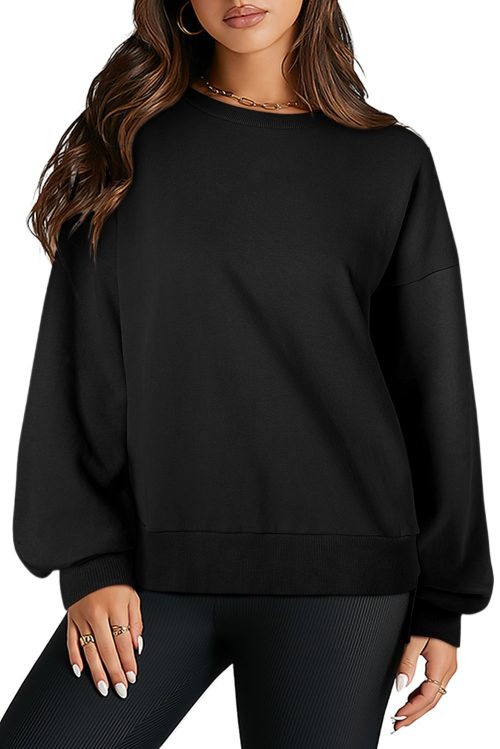 Women's Black Solid Pullover Sweatshirt with O Neck and High Low Hem