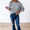 Women's Light Grey Waffle Patchwork Long Sleeve Pullover Top - Image 9