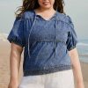 Women's Plus Size Sail Blue Drawstring V Neck Puff Sleeve Denim Blouse - Image 7