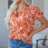 Women's Orange Floral Print Ruffled Short Puff Sleeve Split Neck Blouse - Image 7