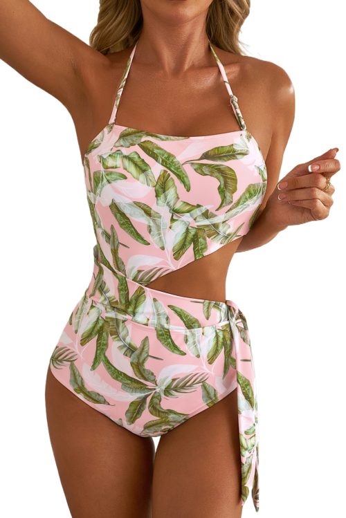 Women's Pink Tropical Asymmetric Cut-Out Halter Backless One Piece Swimwear