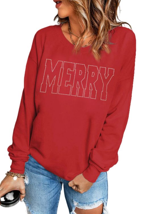 Women's Red Rhinestone MERRY Letter Graphic Christmas Sweatshirt